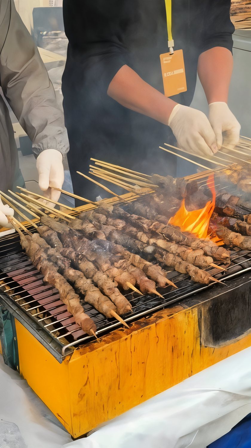 Cumin lamb skewers fanned over live charcoal at a Chen's BBQ pop-up