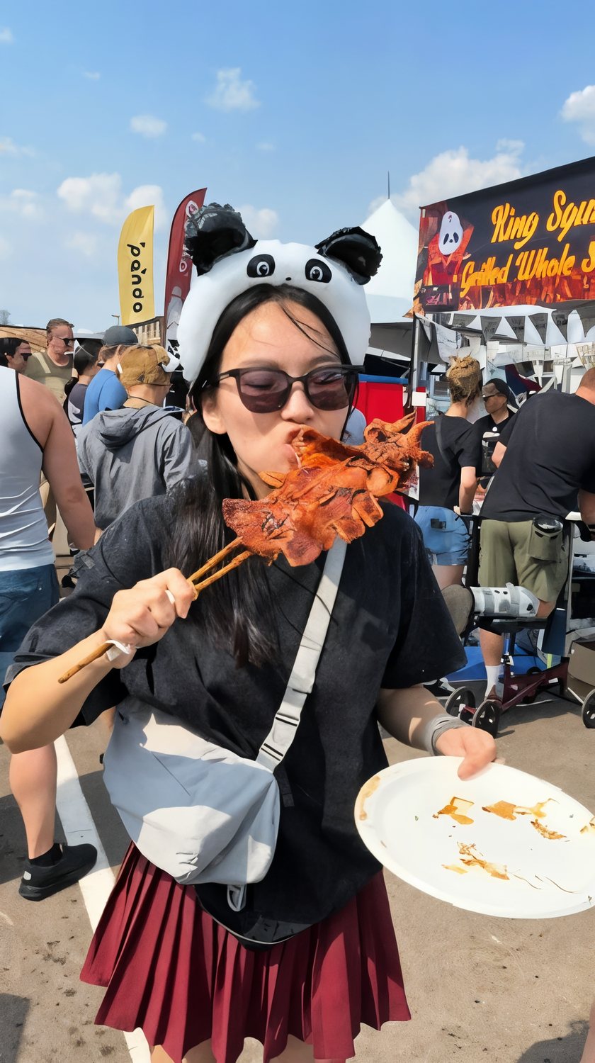 A guest in a panda hat eating a Chen's BBQ skewer at Panda Fest